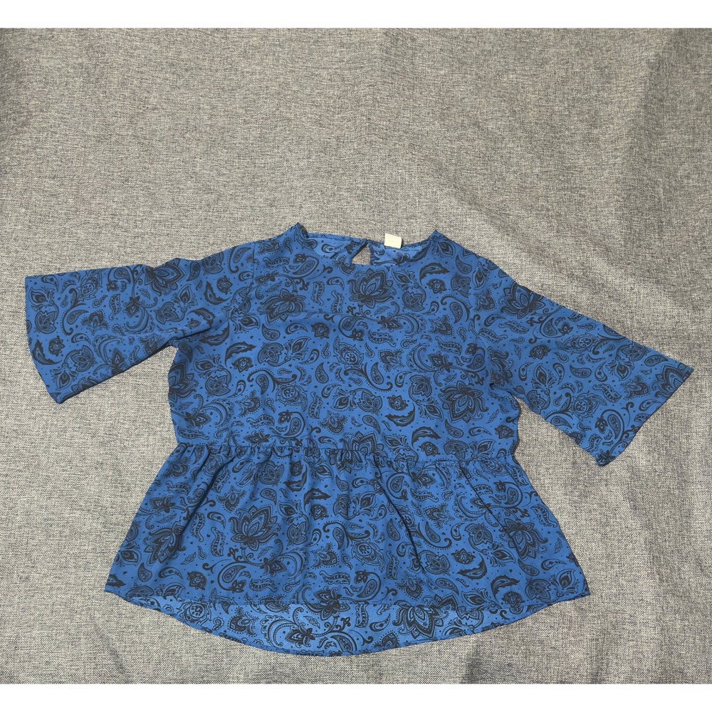 Faded Glory Women's XL Blue Paisley Peplum Top Bell Sleeve